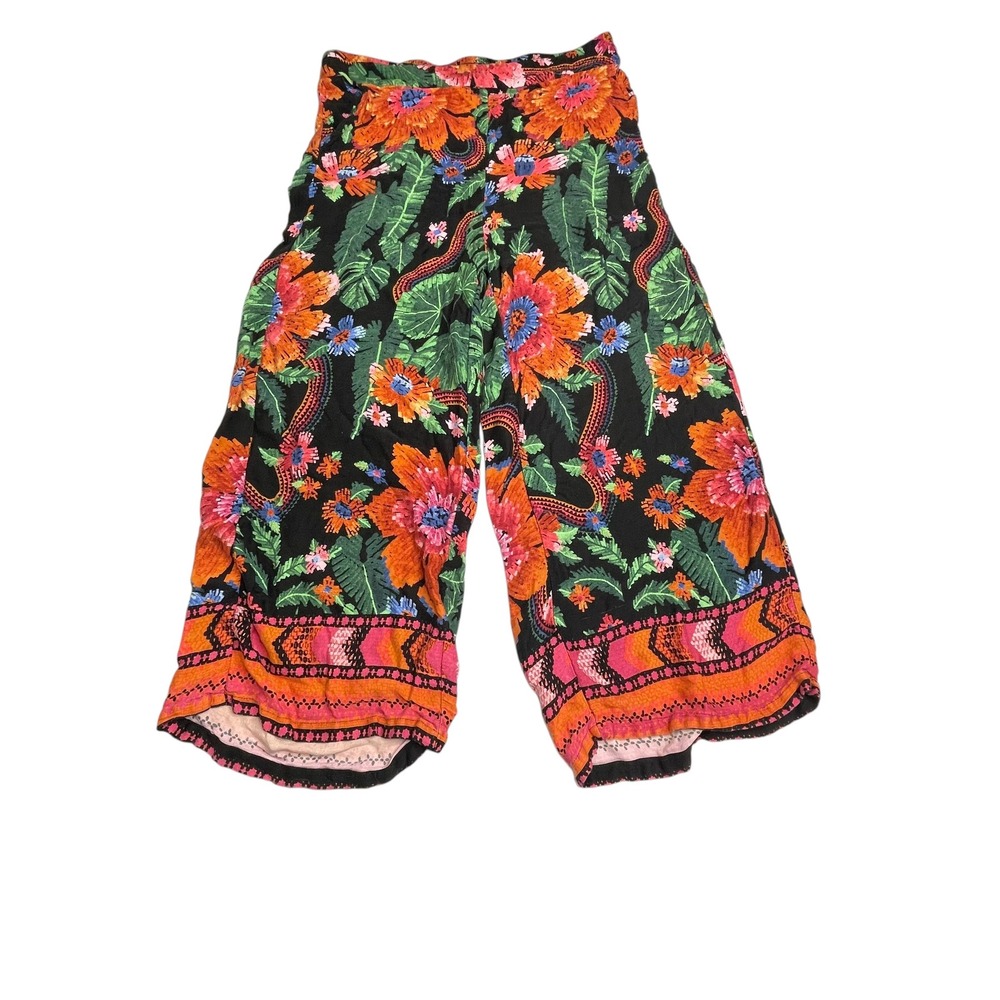 Rachel Zoe Womens XL Floral Wide Leg Cropped Pants Black Tropical Boho Culottes